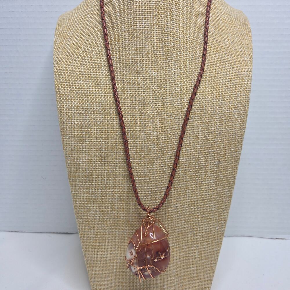 Handmade Necklace Polished Lake Superior Banded Agate Stone Wrapped In Copper